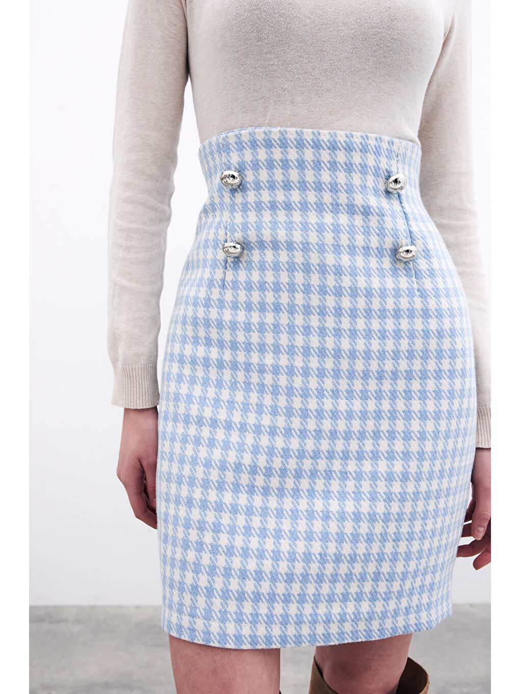 SATEEN Kazayağı Desenli Mini Etek - Mavi - 5
