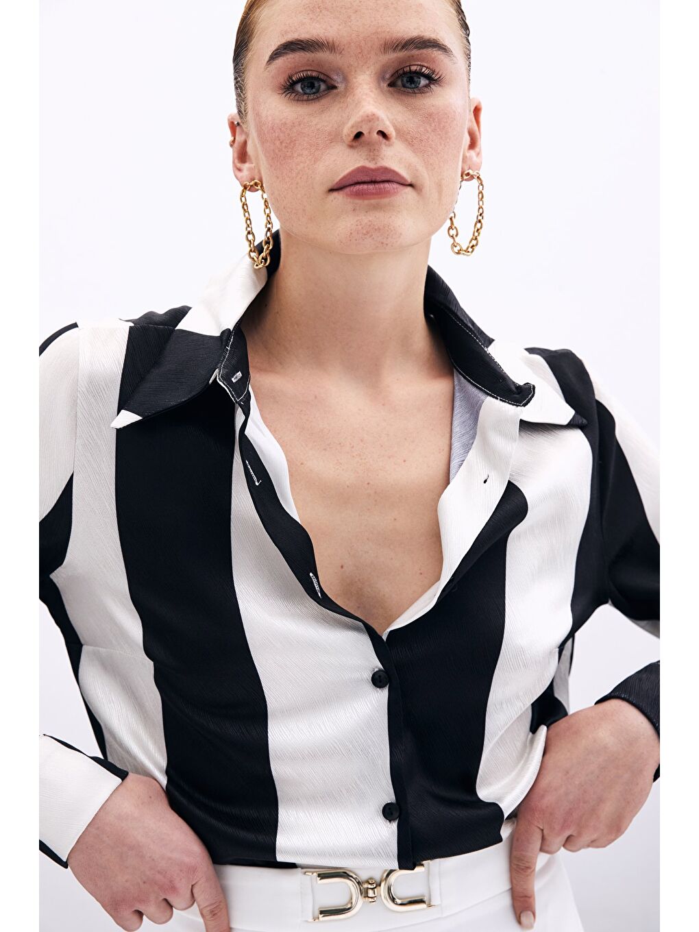 Çizgili Düz Gömlek - Siyah-4