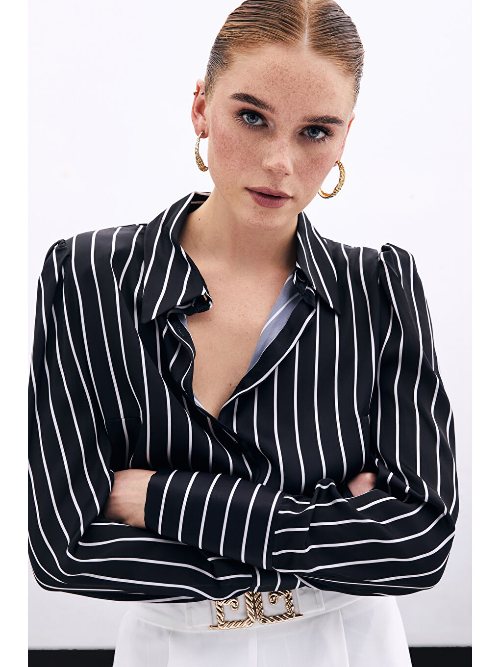 Vatkalı Çizgili Gömlek - Siyah-2