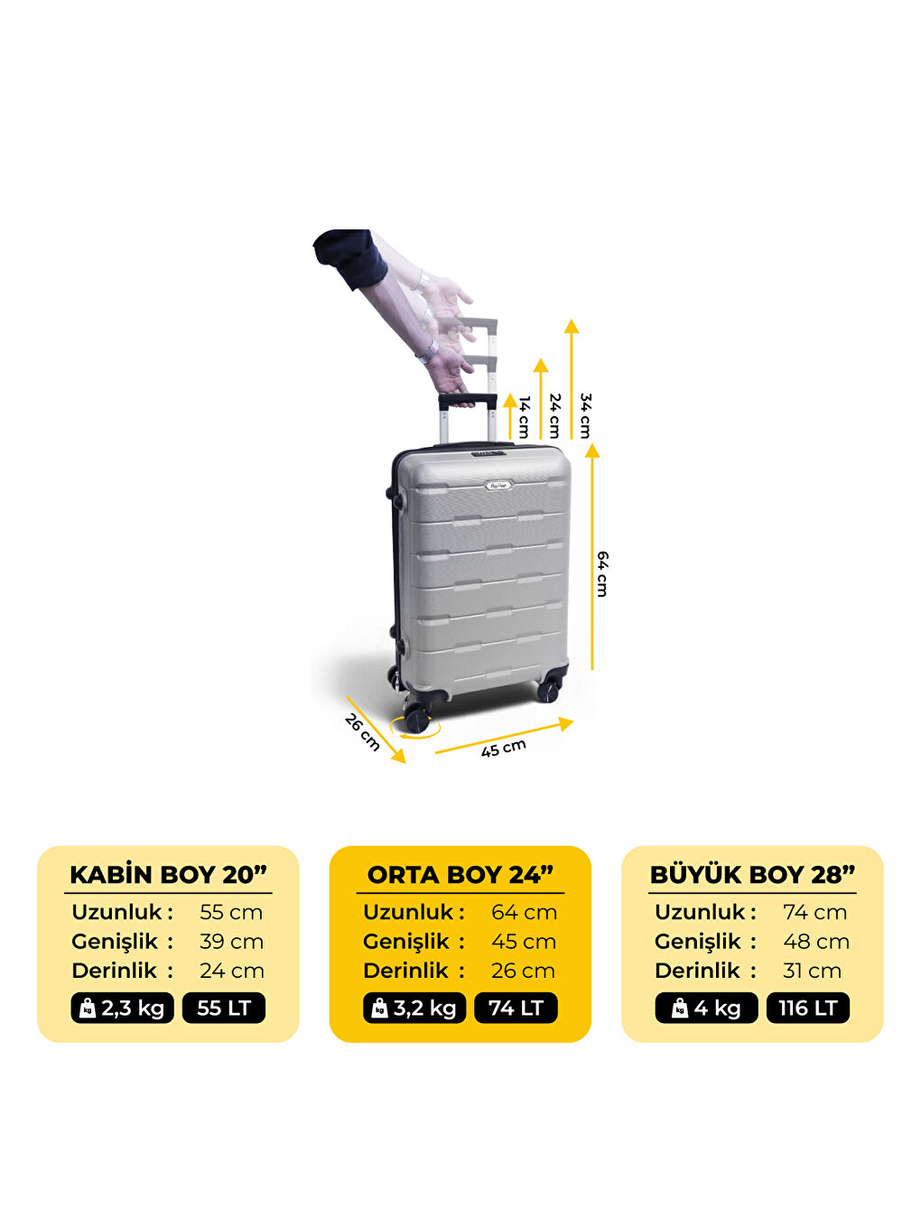 Gri Moods Up TSA Kilitli 24" ABS Gövdeli Valiz | Orta Boy-Gümüş-3