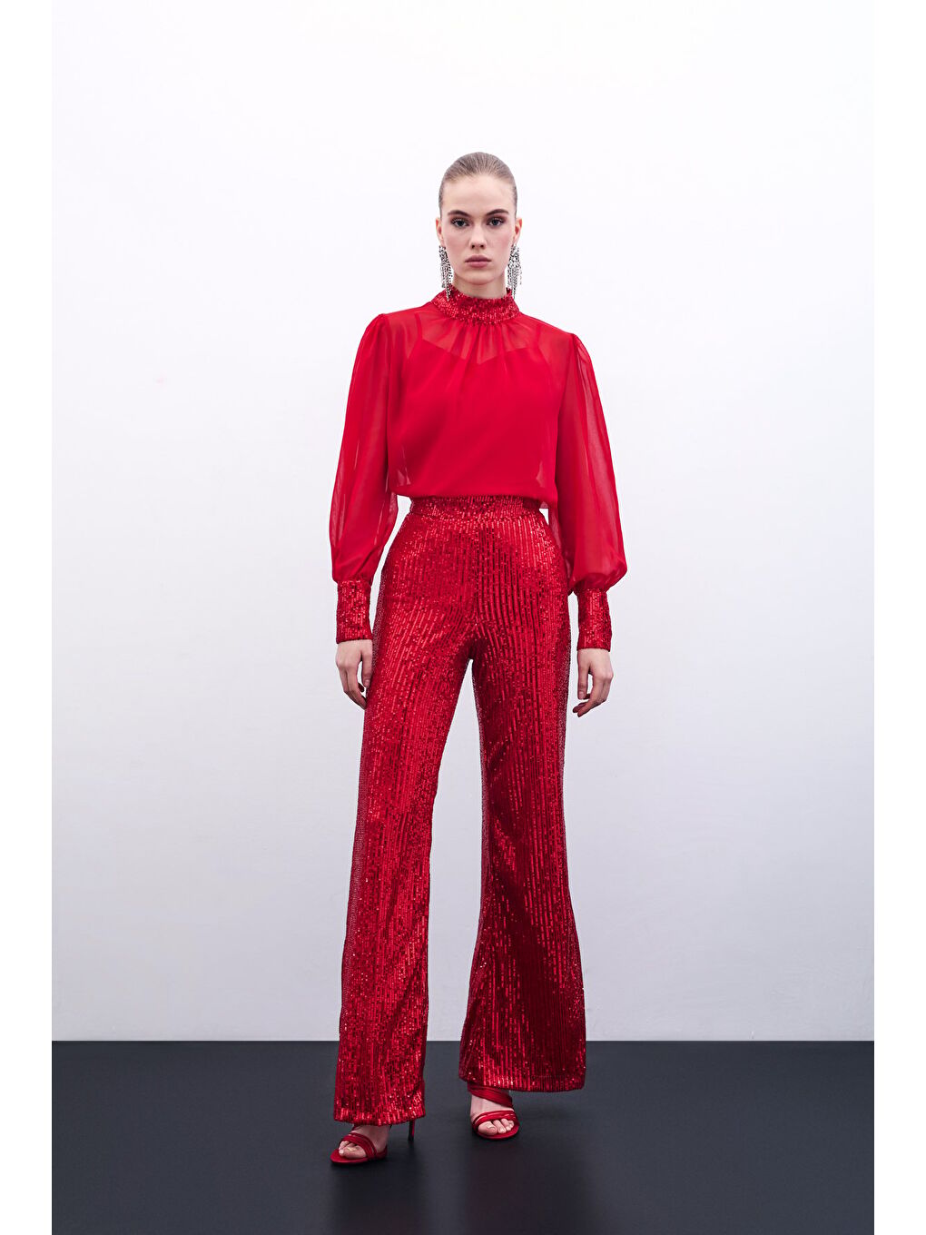 Payetli Salaş Pantolon - Kırmızı