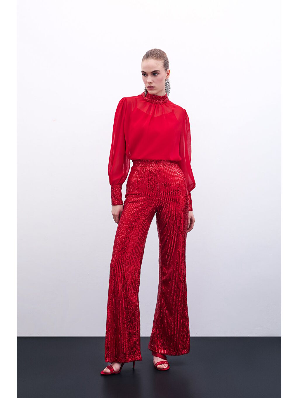 Payetli Salaş Pantolon - Kırmızı-1