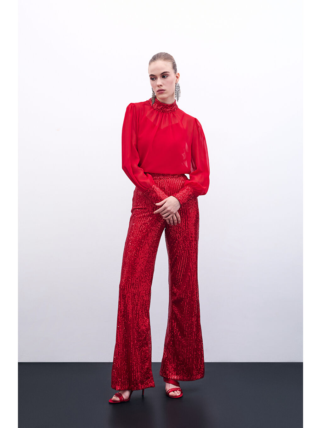 Payetli Salaş Pantolon - Kırmızı-2