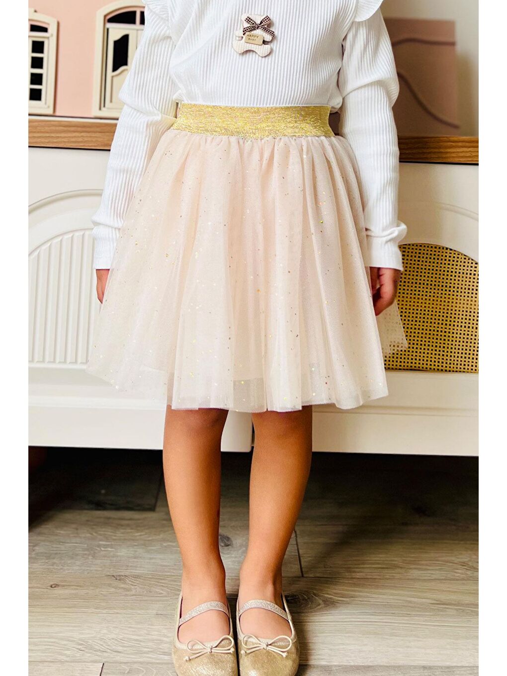 Kız Çocuk Tütü Etek Sim Detaylı Bej (5-10 Yaş)