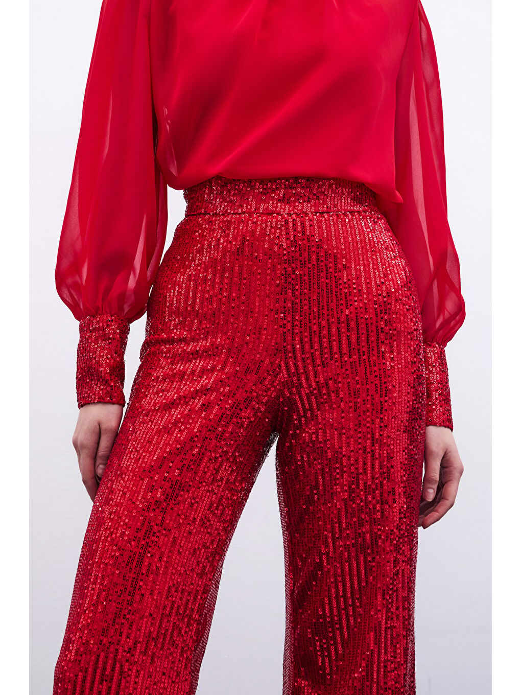 Payetli Salaş Pantolon - Kırmızı-3