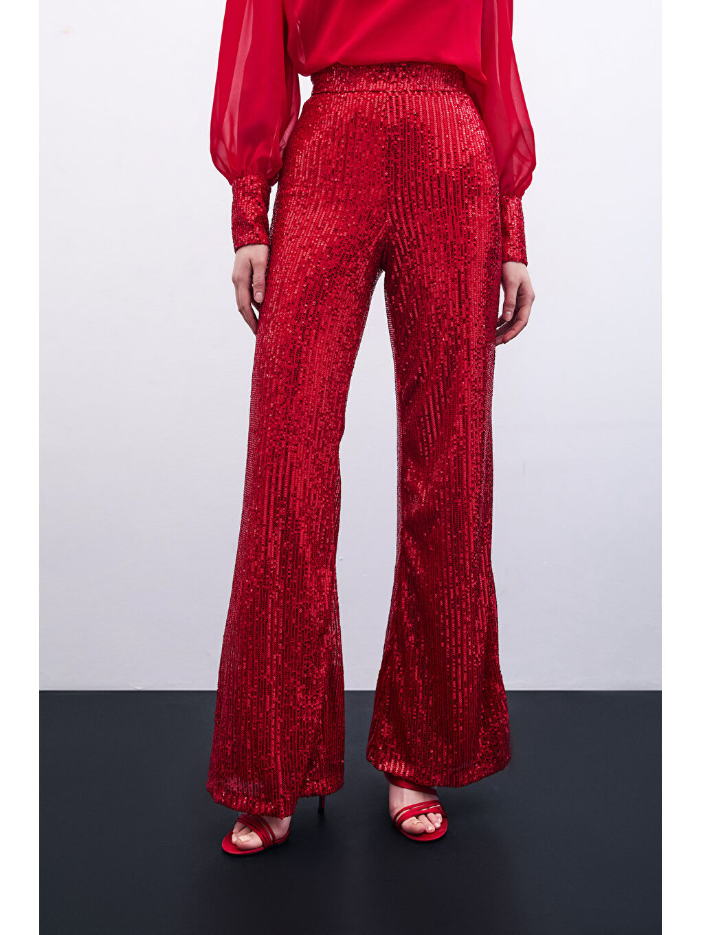Payetli Salaş Pantolon - Kırmızı-4