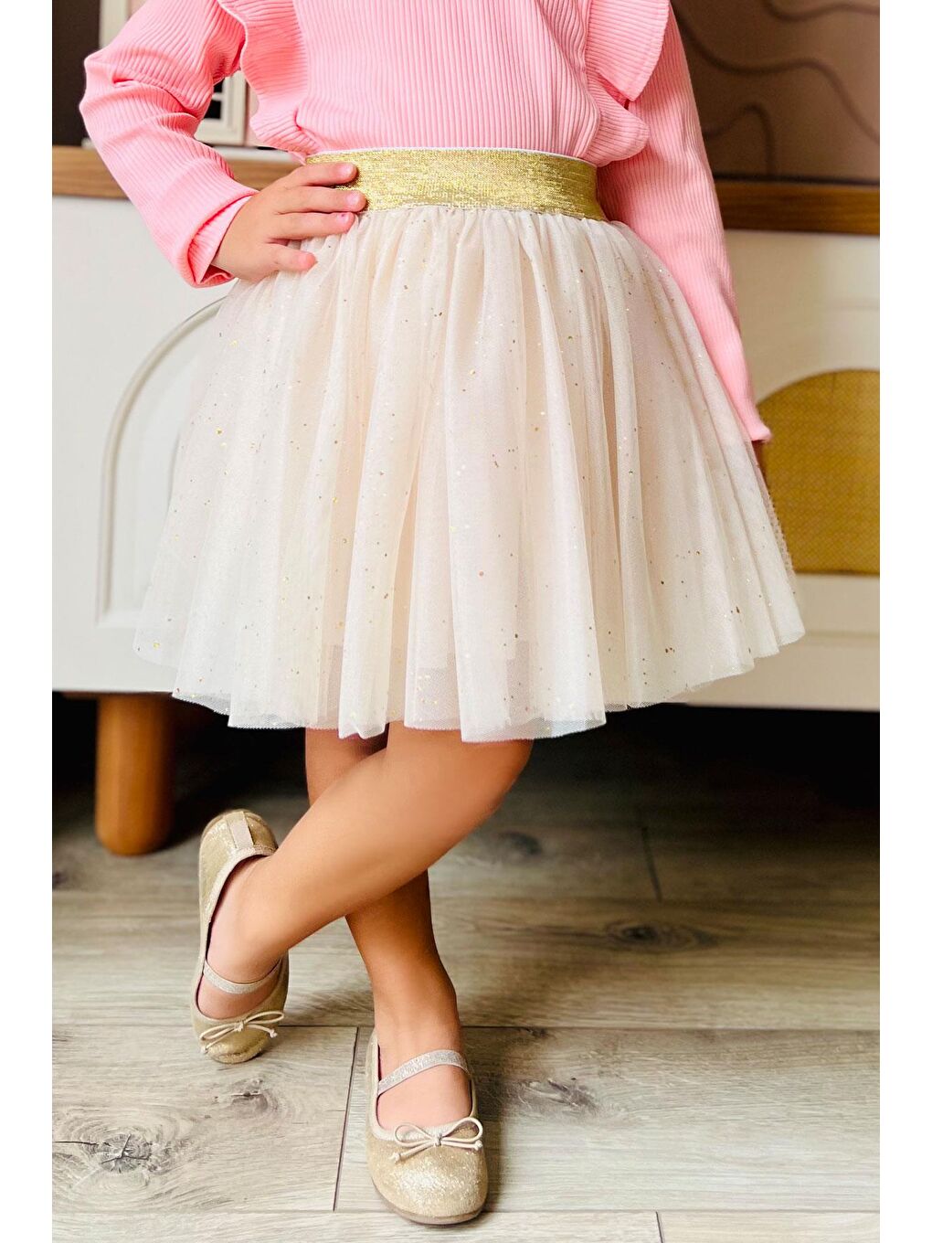 Kız Çocuk Tütü Etek Sim Detaylı Bej (5-10 Yaş)-1