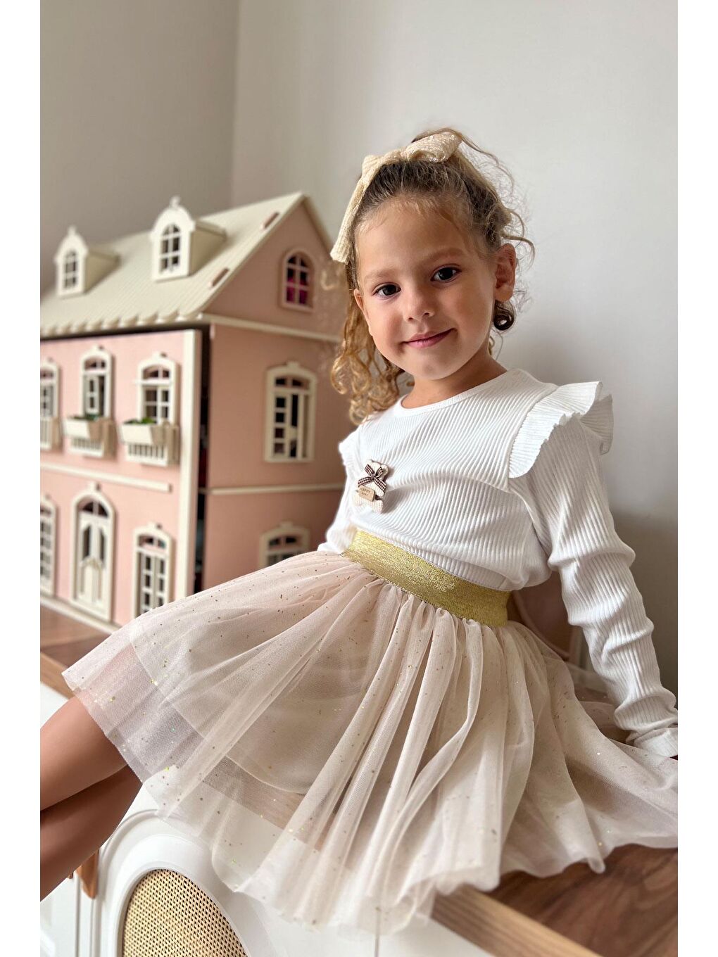 Kız Çocuk Tütü Etek Sim Detaylı Bej (5-10 Yaş)-3