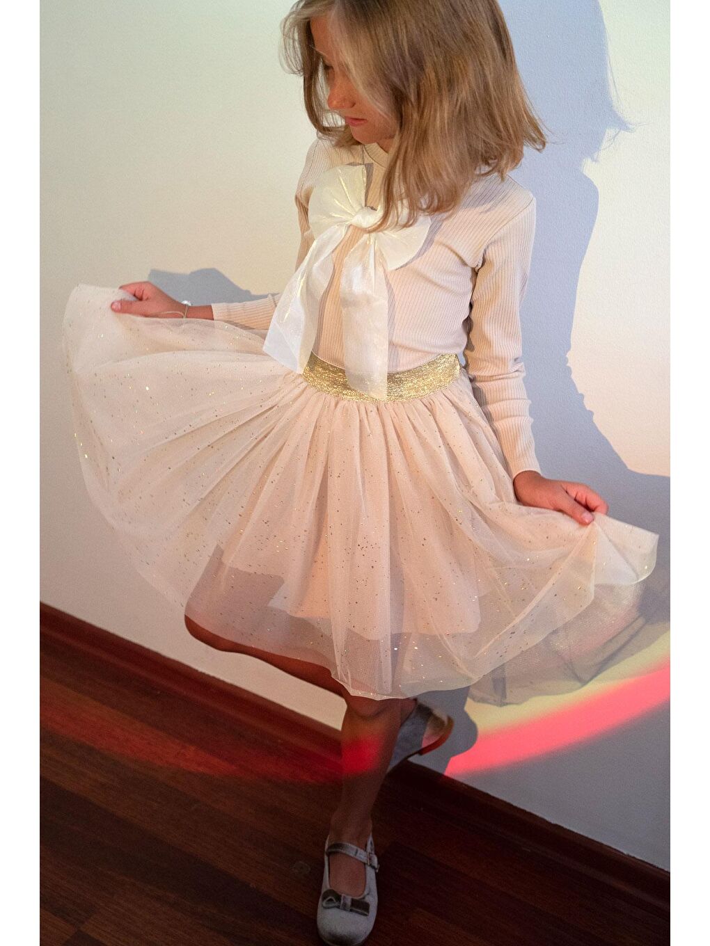 Kız Çocuk Tütü Etek Sim Detaylı Bej (5-10 Yaş)-5