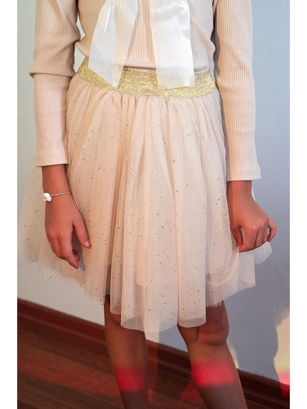 Kız Çocuk Tütü Etek Sim Detaylı Bej (5-10 Yaş)-6