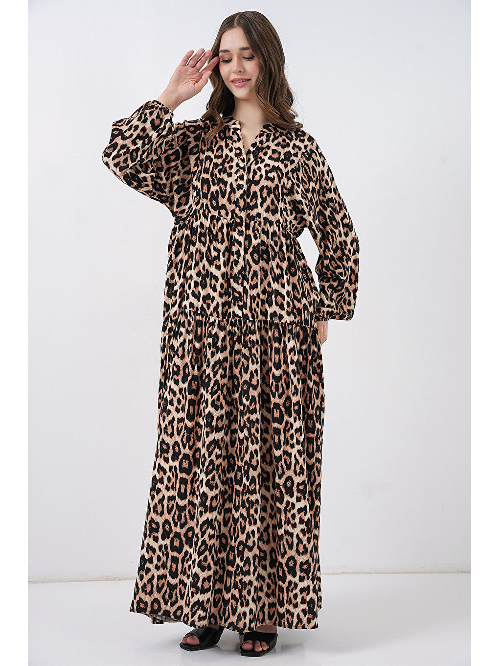 Kahverengi 2423 Otantik Desenli Tesettür Elbise - E. Kahve