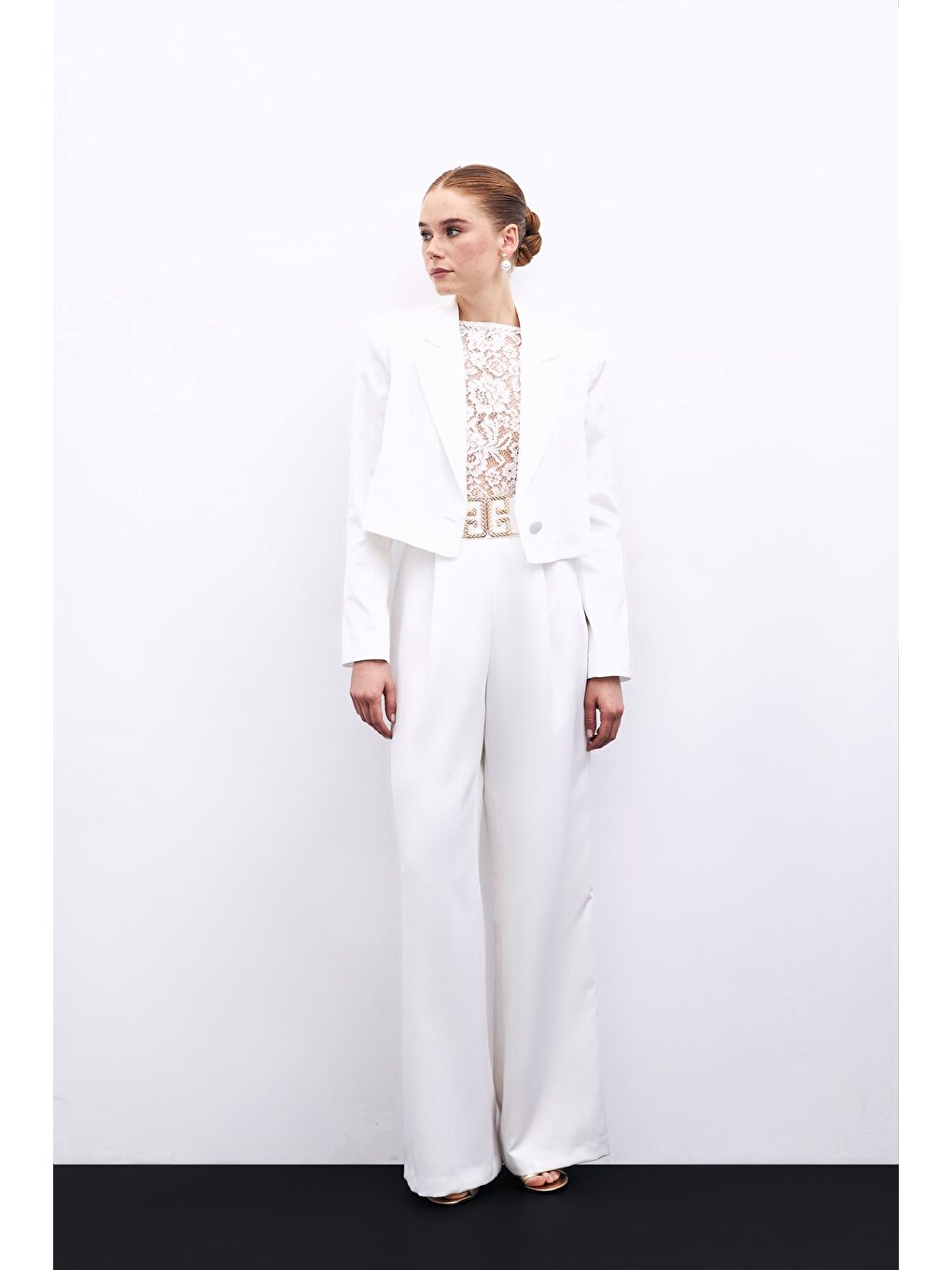 Bel Aksesuarlı Bol Paça Pantolon - Ekru-1