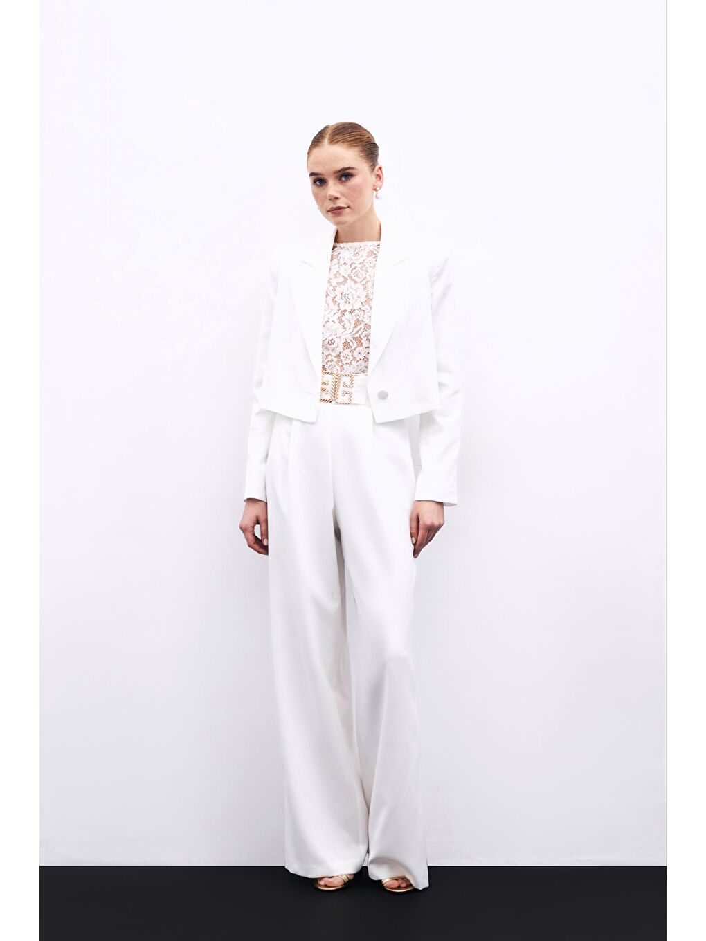 Bel Aksesuarlı Bol Paça Pantolon - Ekru-2