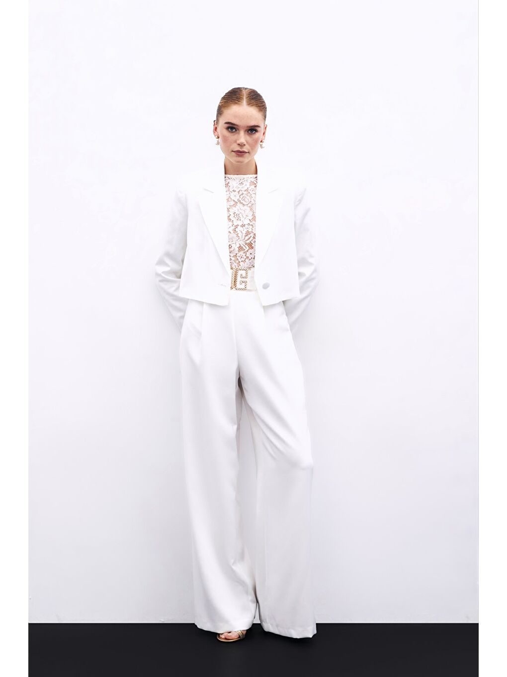 Bel Aksesuarlı Bol Paça Pantolon - Ekru-3