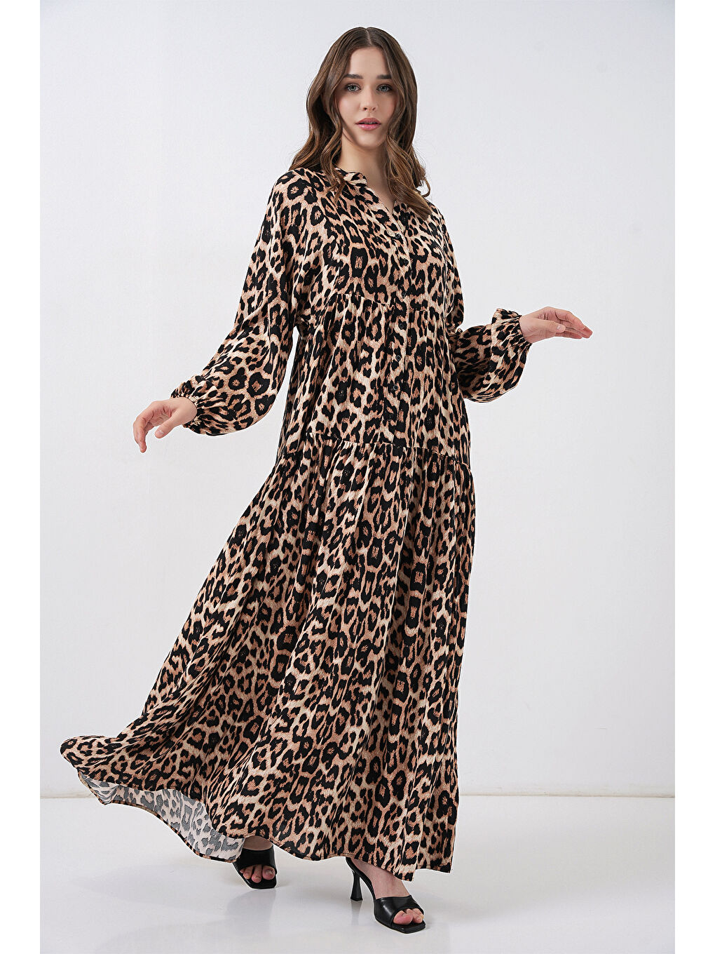 Kahverengi 2423 Otantik Desenli Tesettür Elbise - E. Kahve-1