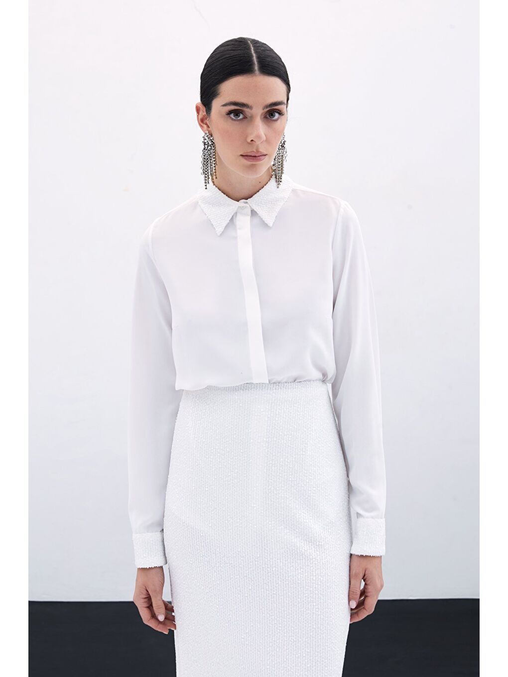 Payet Detaylı Klasik Gömlek - Ekru-1