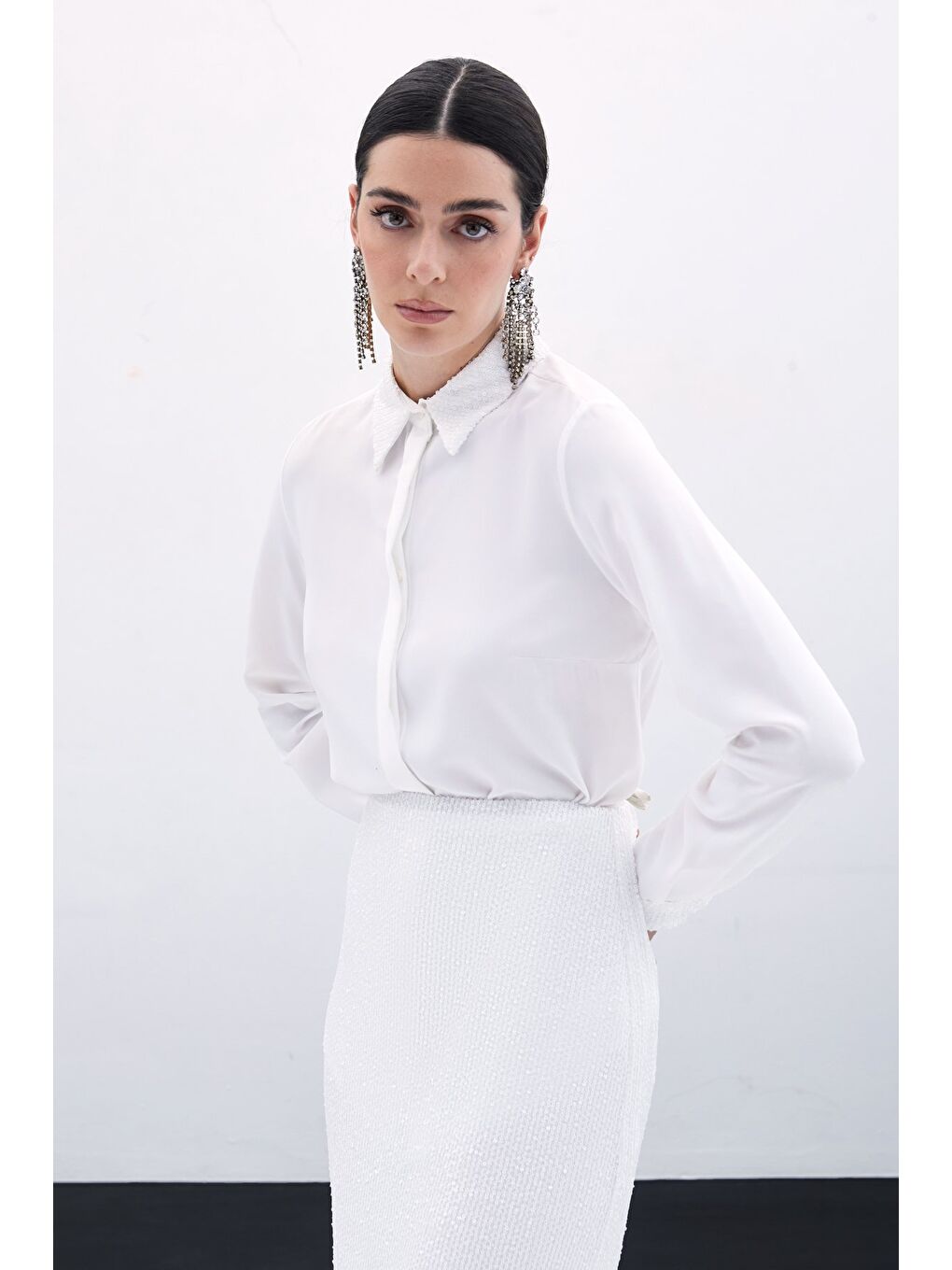 Payet Detaylı Klasik Gömlek - Ekru-2