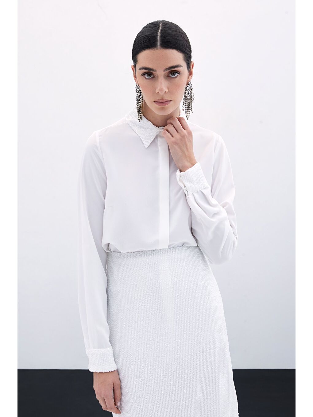 Payet Detaylı Klasik Gömlek - Ekru-3