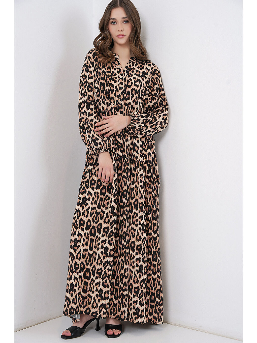 Kahverengi 2423 Otantik Desenli Tesettür Elbise - E. Kahve-2