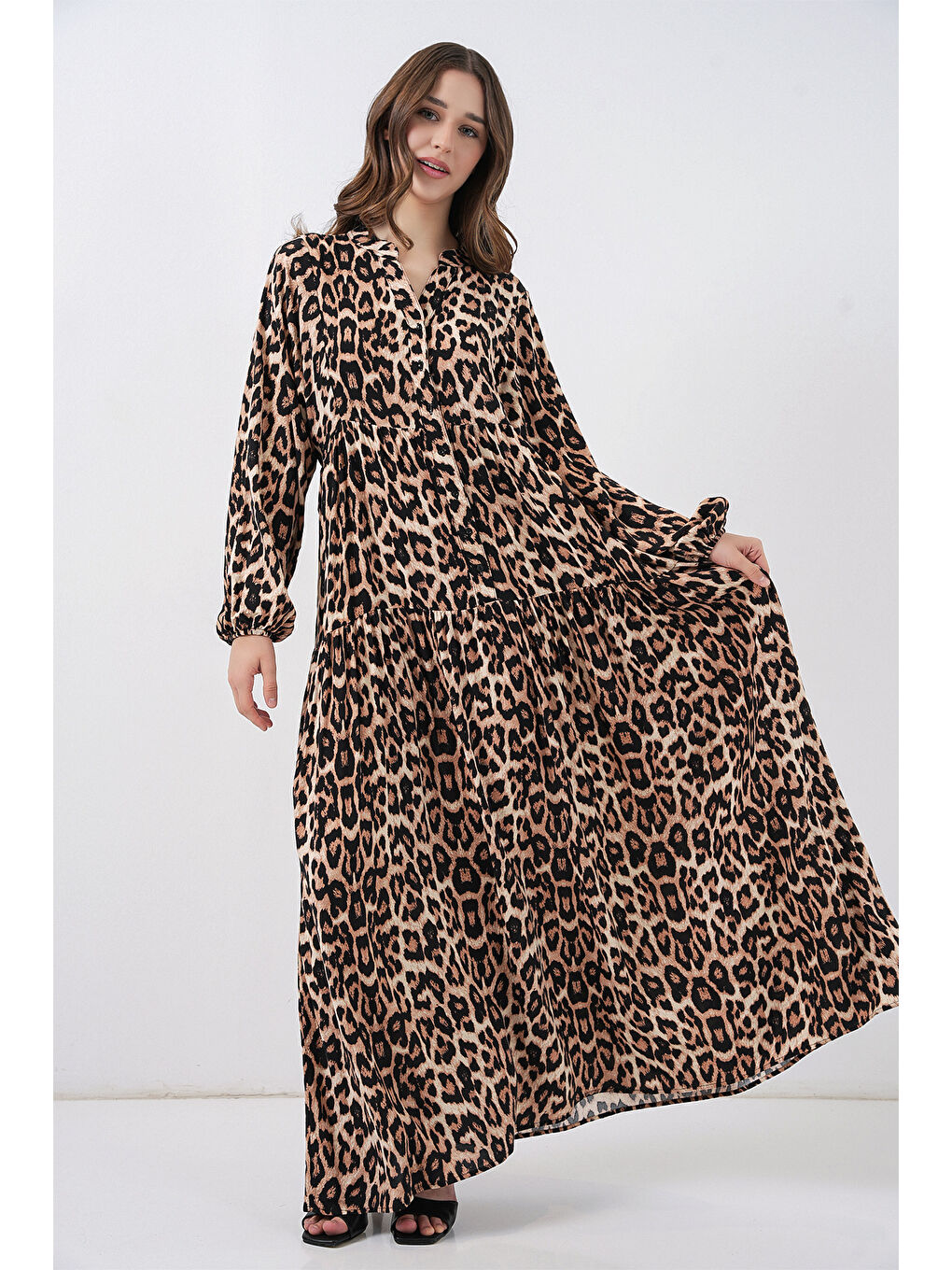 Kahverengi 2423 Otantik Desenli Tesettür Elbise - E. Kahve-3