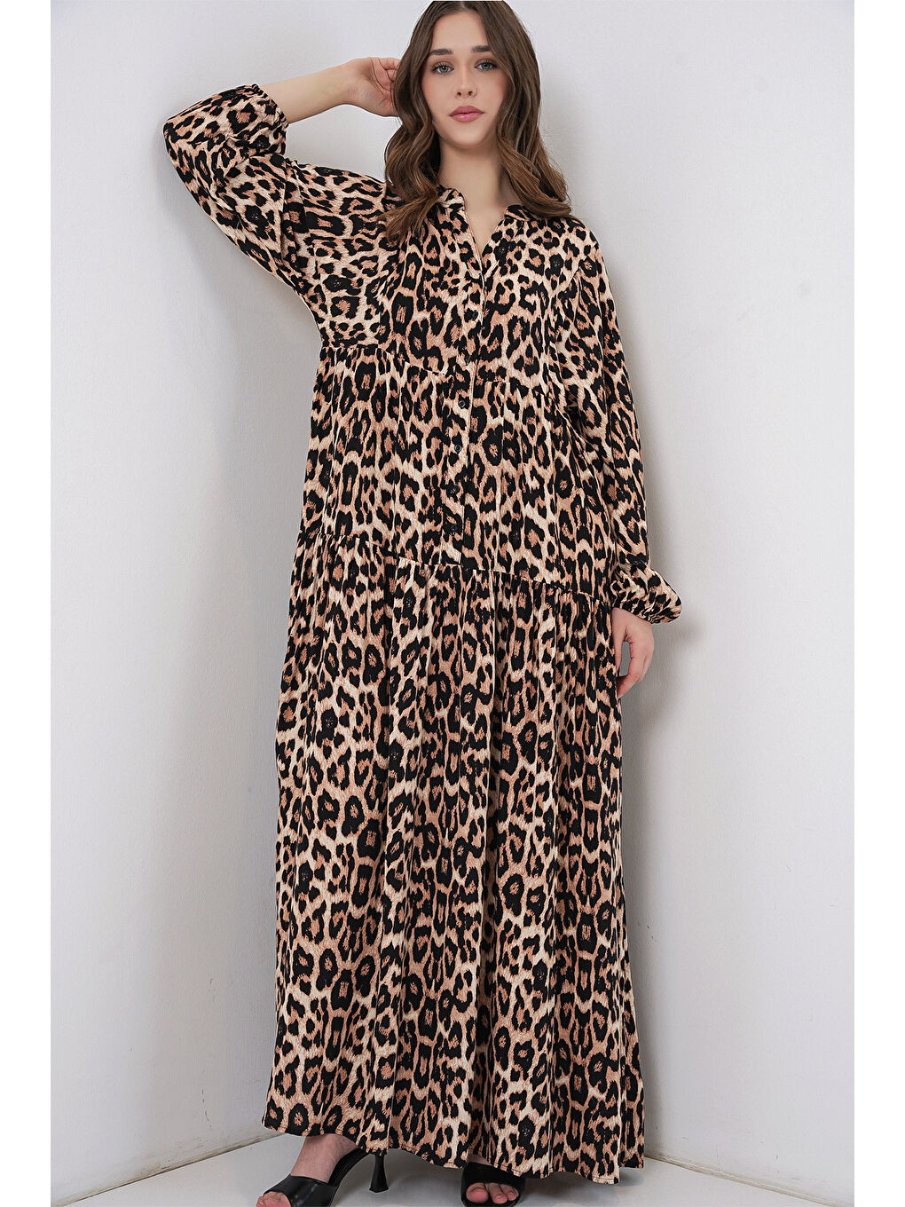 Kahverengi 2423 Otantik Desenli Tesettür Elbise - E. Kahve-4