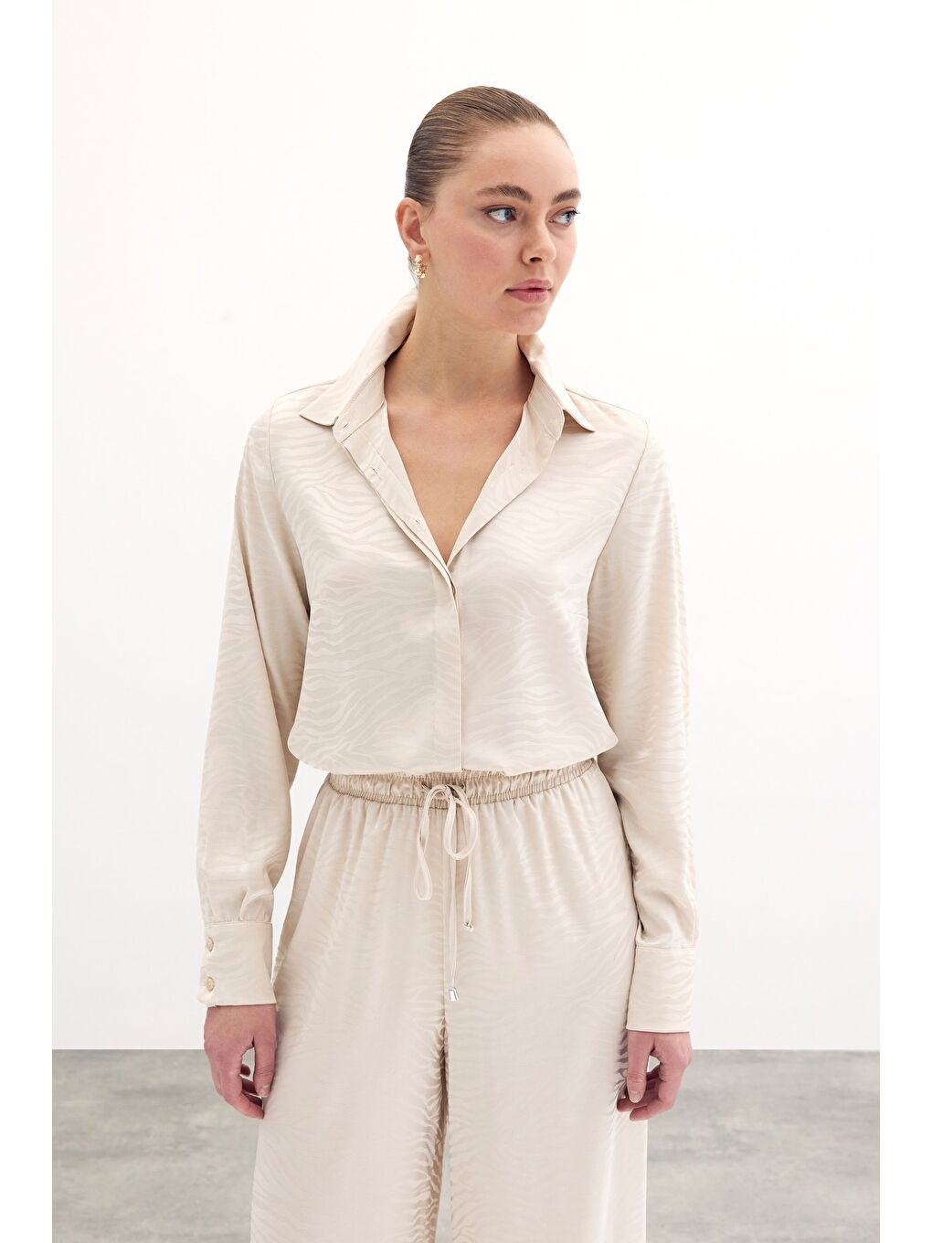 Bej Desenli Düz Klasik Gömlek - Taş