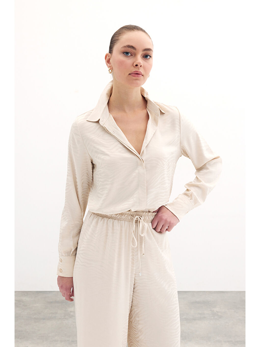 Bej Desenli Düz Klasik Gömlek - Taş-2