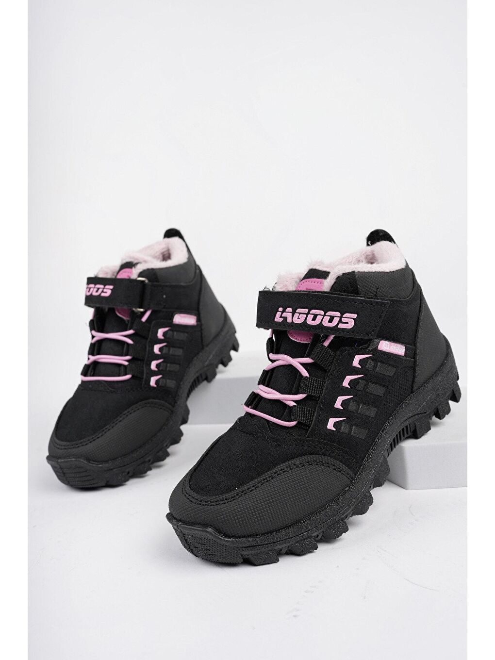 Siyah BOB Bağcıklı Cırtlı İçi Kürklü Çocuk Outdoor Kışlık Bot