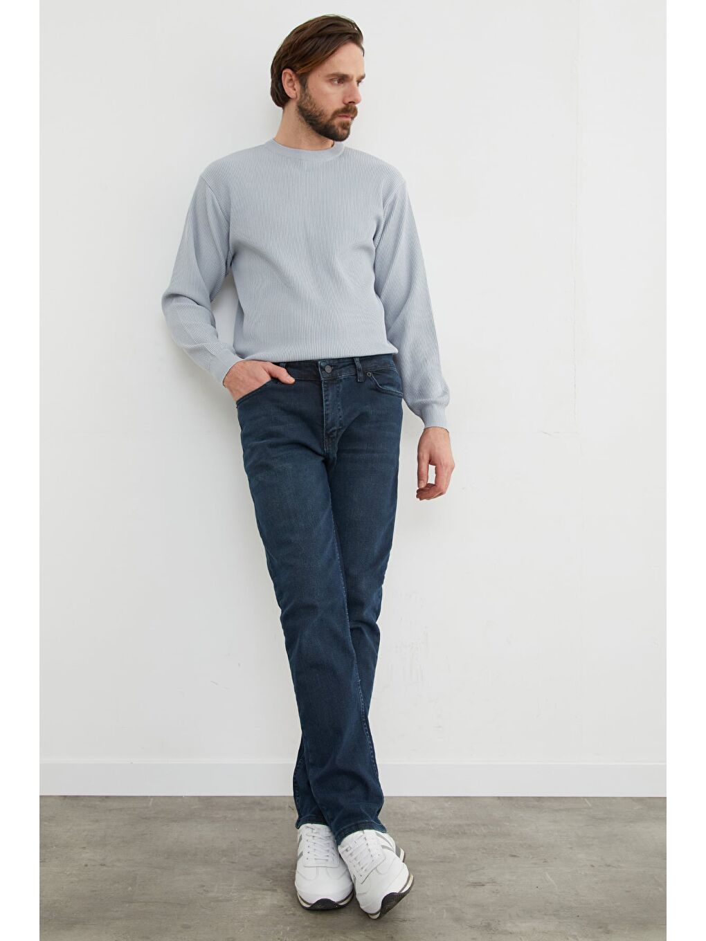 Mavi Fermuarlı Straight Jean Pantolon-3