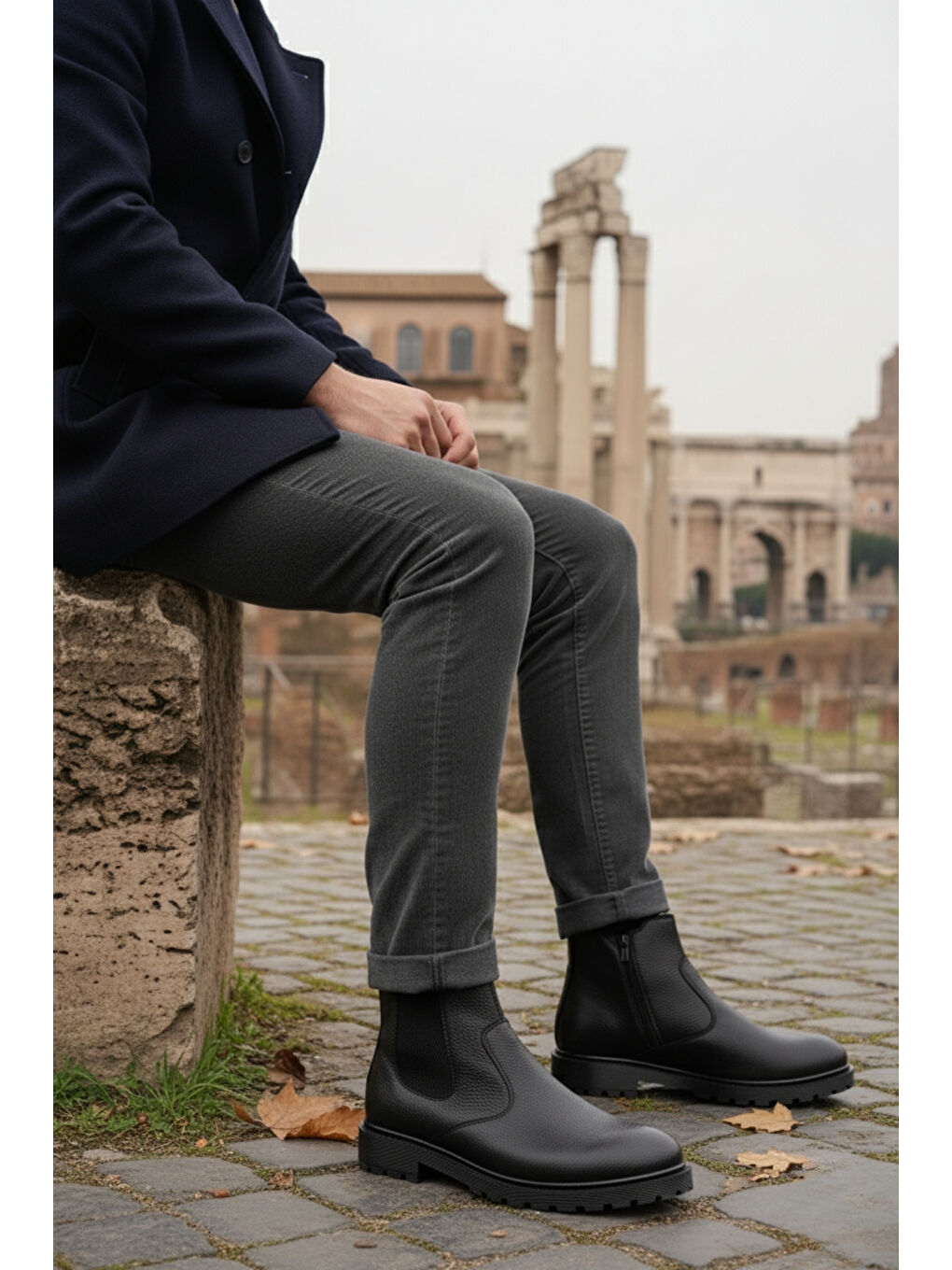 Siyah KELVİN Garantili Erkek Kışlık Kürklü Fermuarlı Chelsea Bot-1