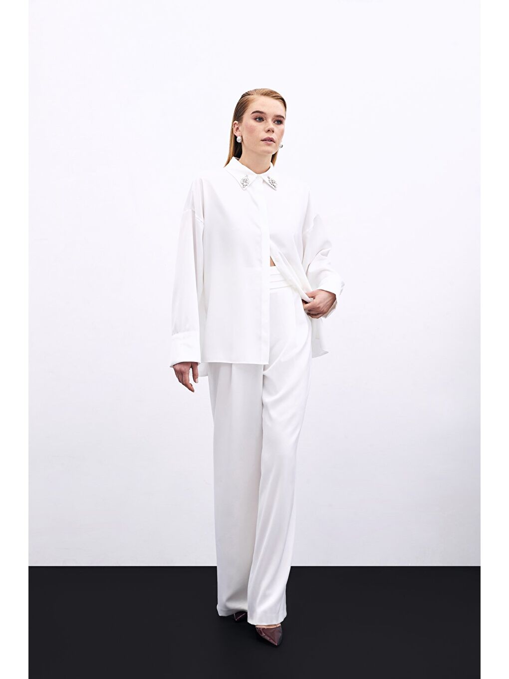 Cepli Salaş Saten Pantolon - Ekru-2