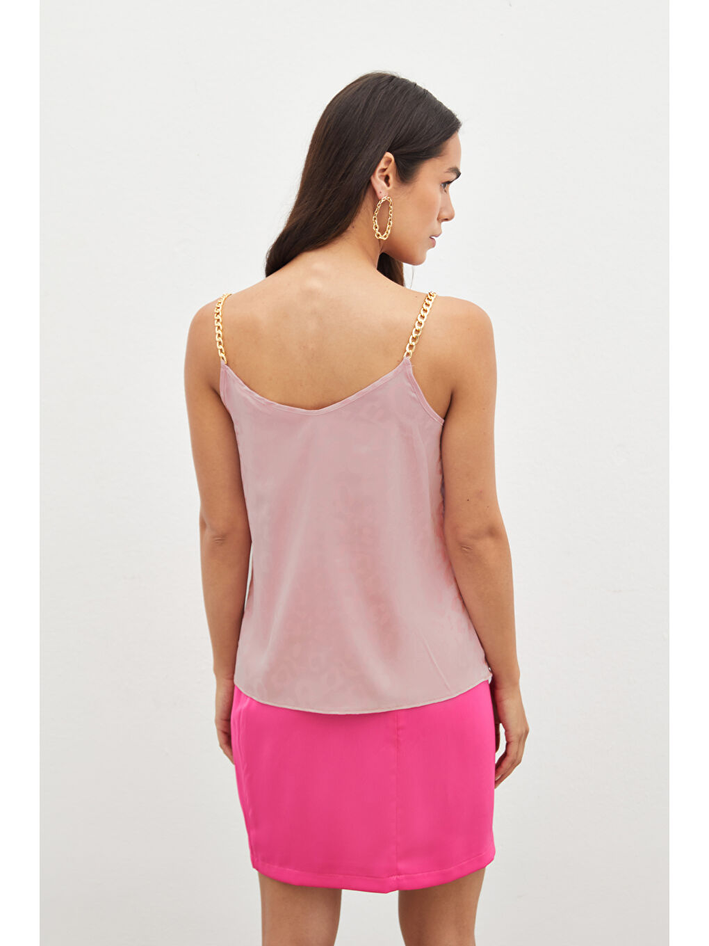 Zincir Askılı Saten Bluz - Pembe-5