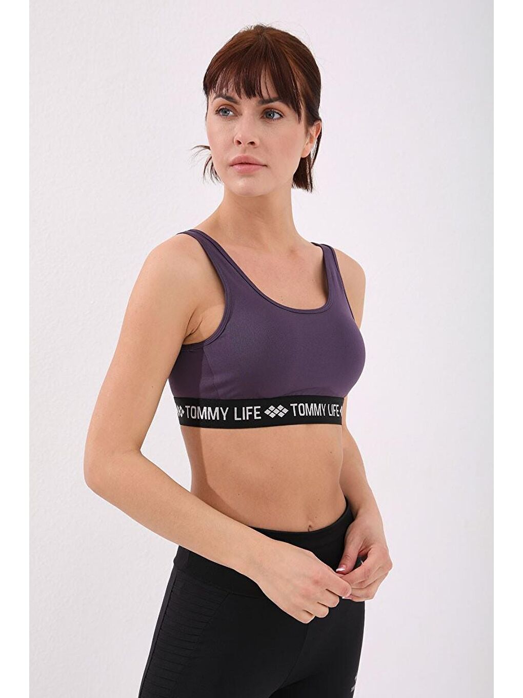 TOMMYLIFE Mor Yazı Şeritli Standart Kalıp U Yaka Kadın Spor Büstiyer - 97113