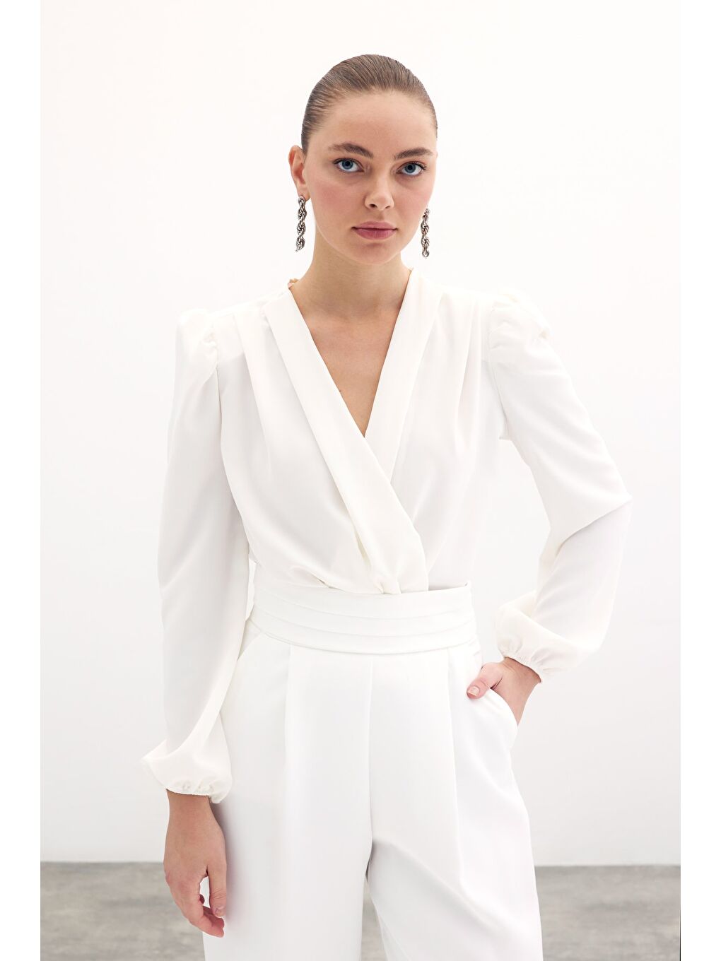 Kruvaze Vatkalı Bodysuit - Ekru