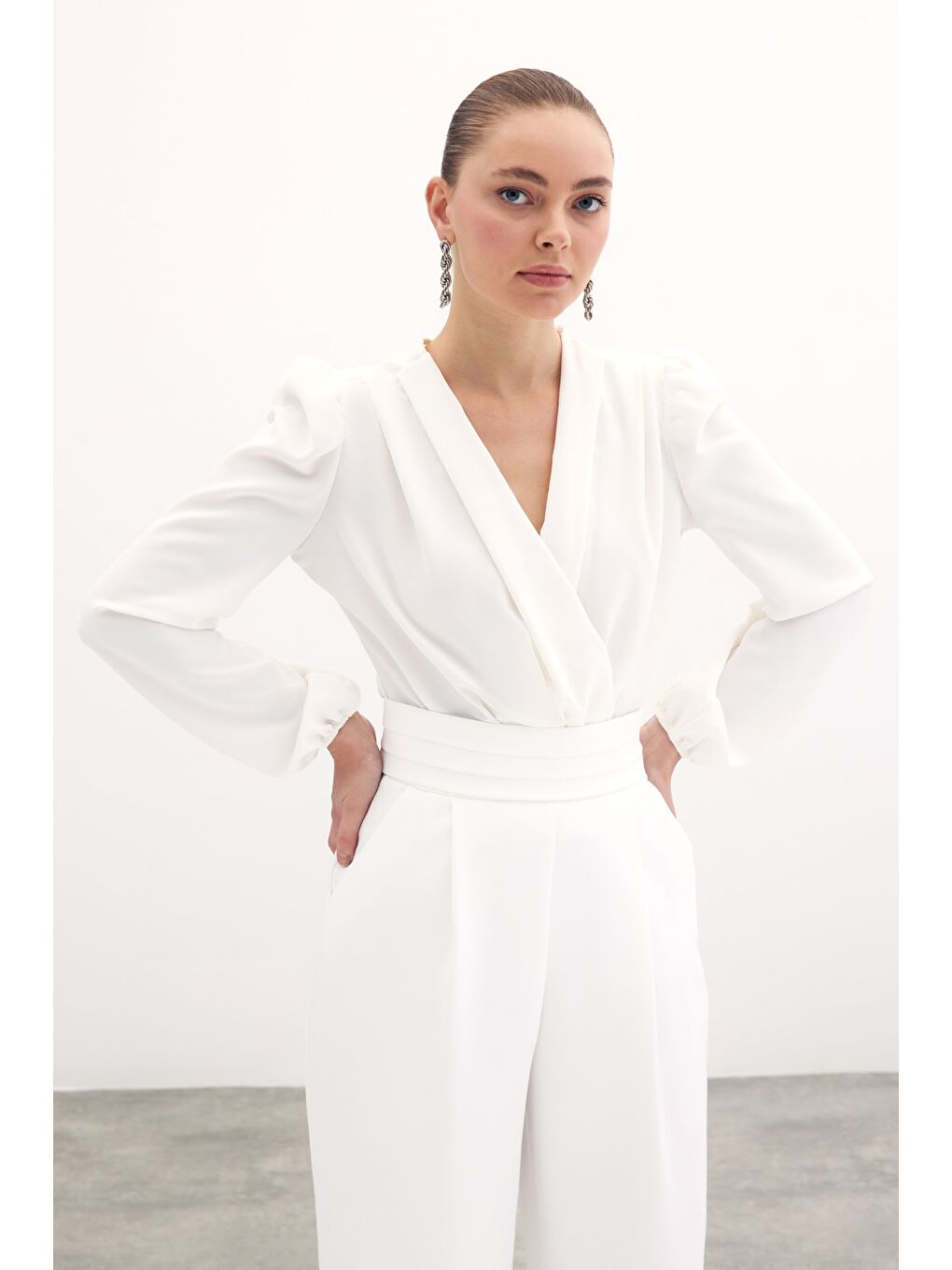 Kruvaze Vatkalı Bodysuit - Ekru-1