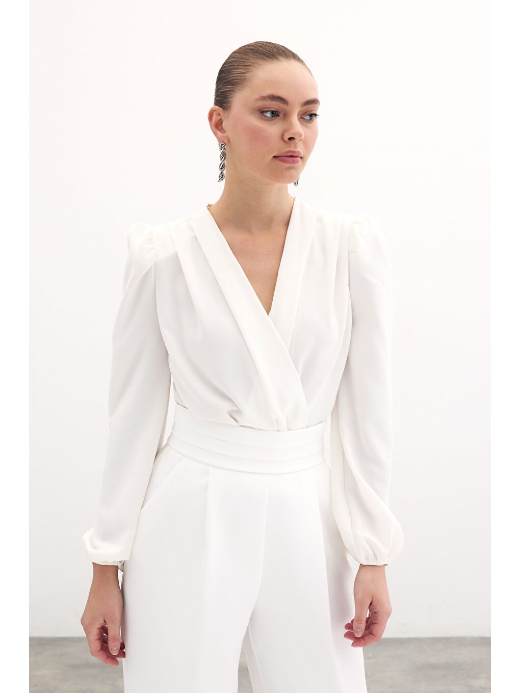 Kruvaze Vatkalı Bodysuit - Ekru-2