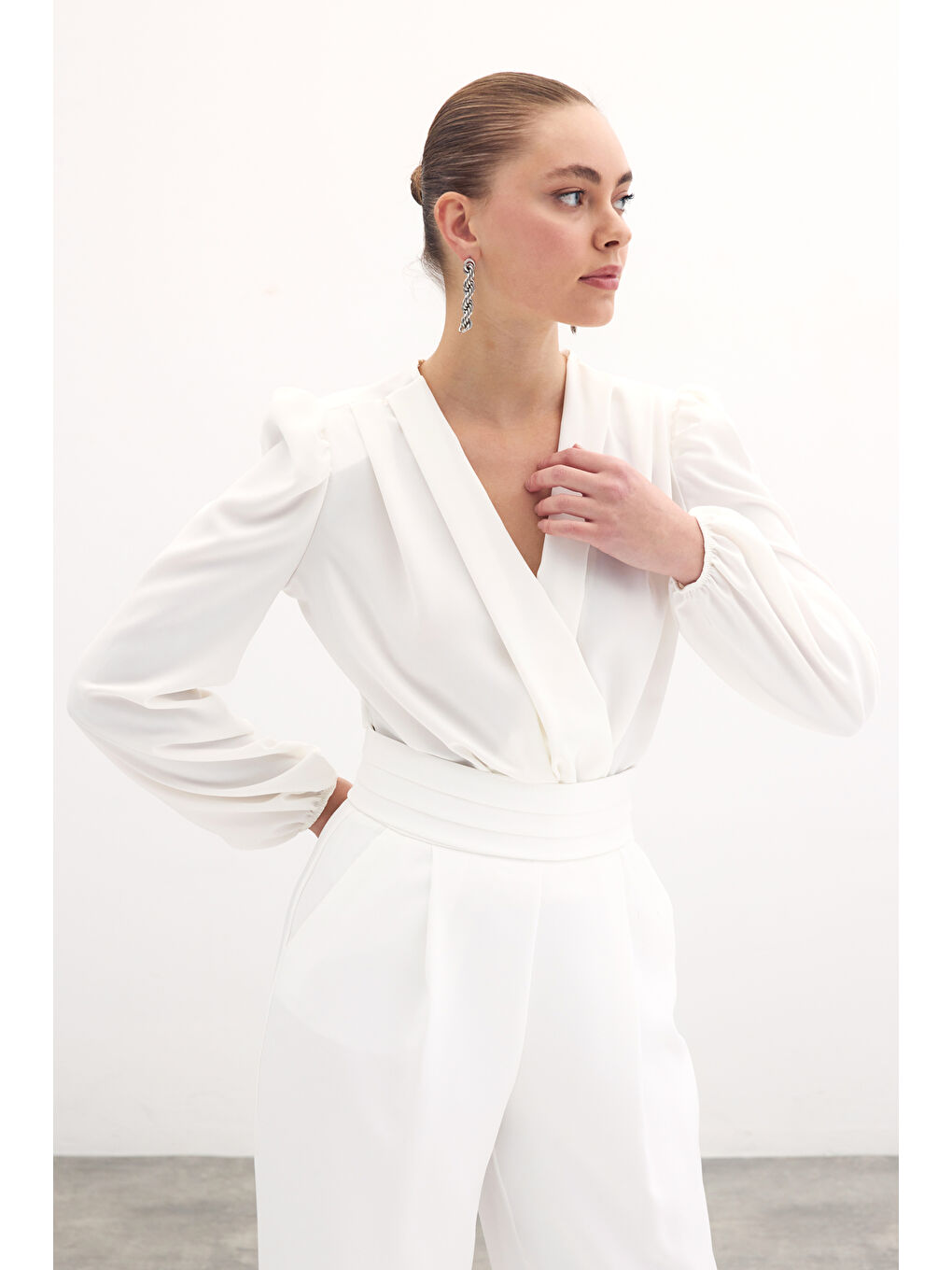 Kruvaze Vatkalı Bodysuit - Ekru-3