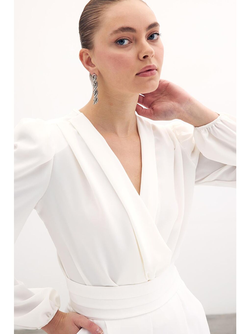 Kruvaze Vatkalı Bodysuit - Ekru-4