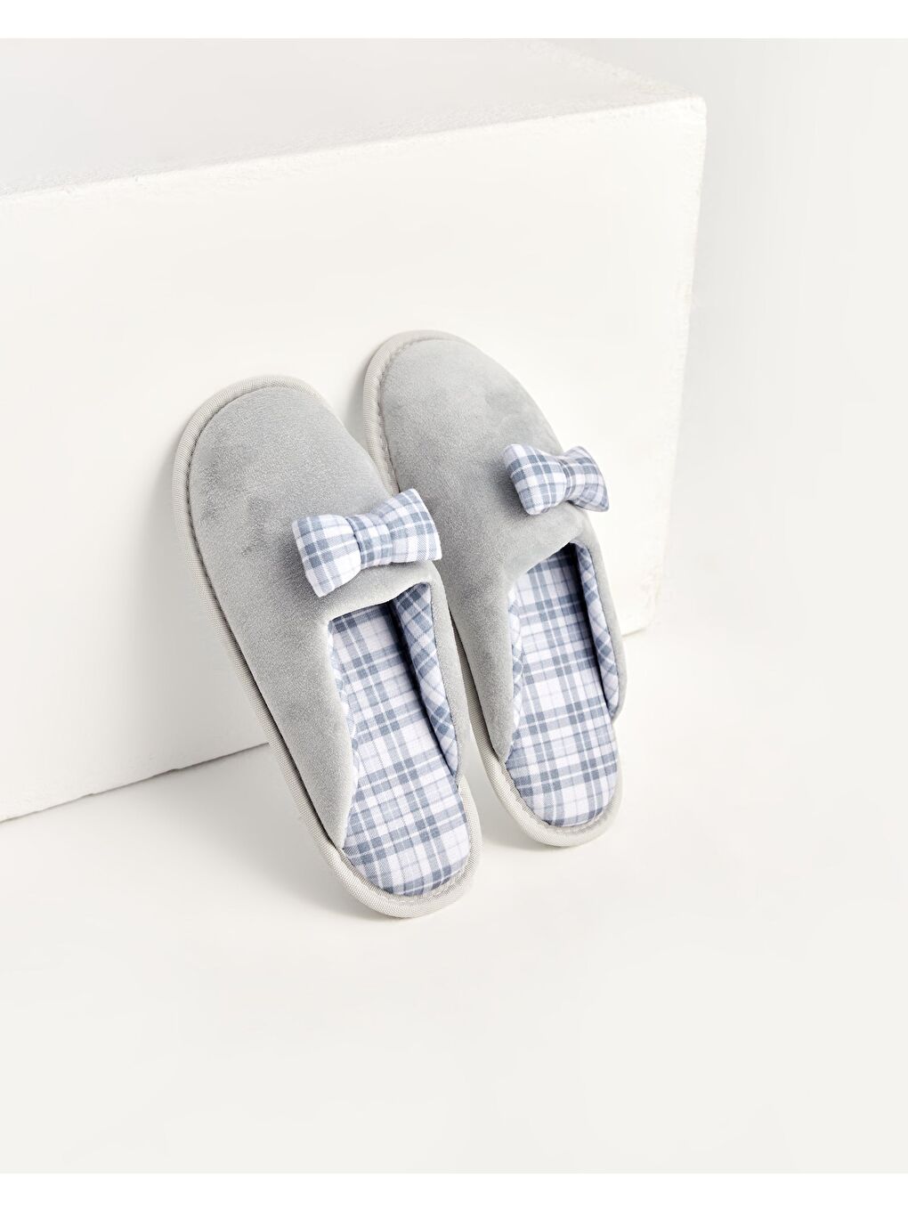 Gri PLAID - Kurdeleli Kadın Ev Terliği-3