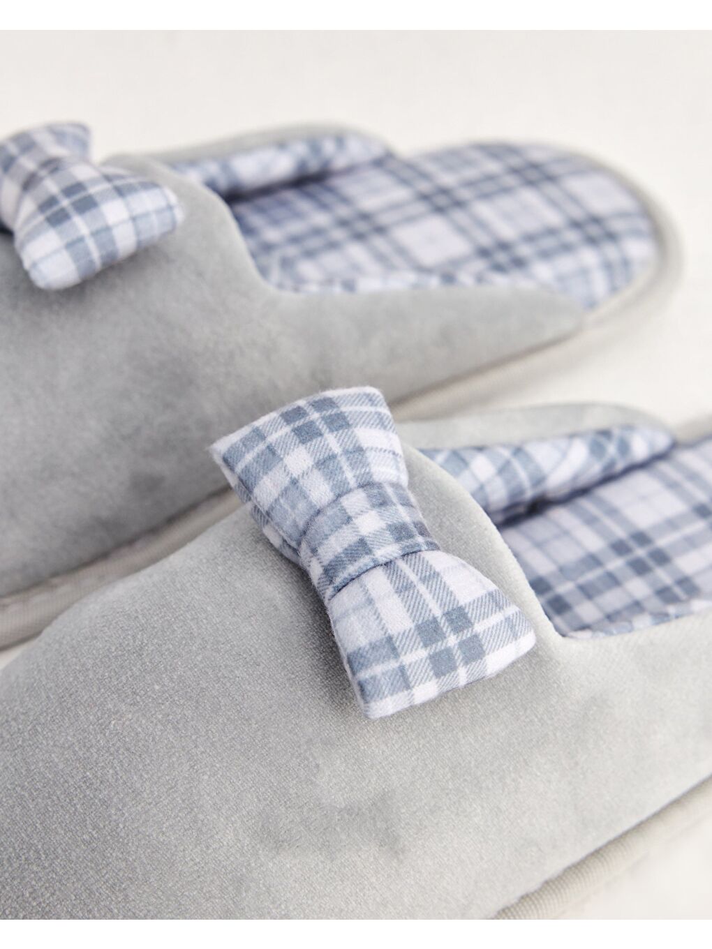 Gri PLAID - Kurdeleli Kadın Ev Terliği-4