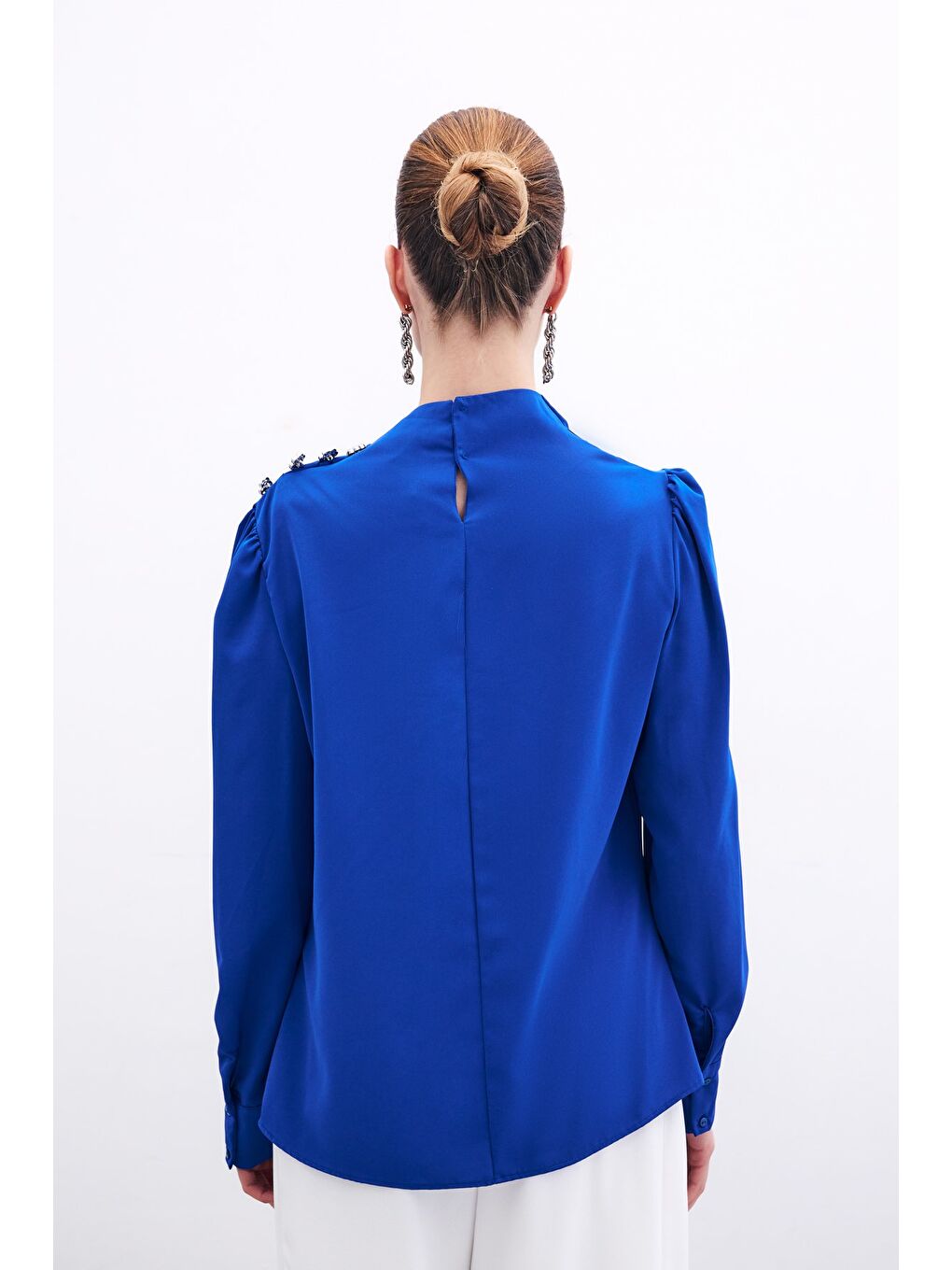 Düğmeleri Taş Detaylı Bluz - Sax Mavi-7