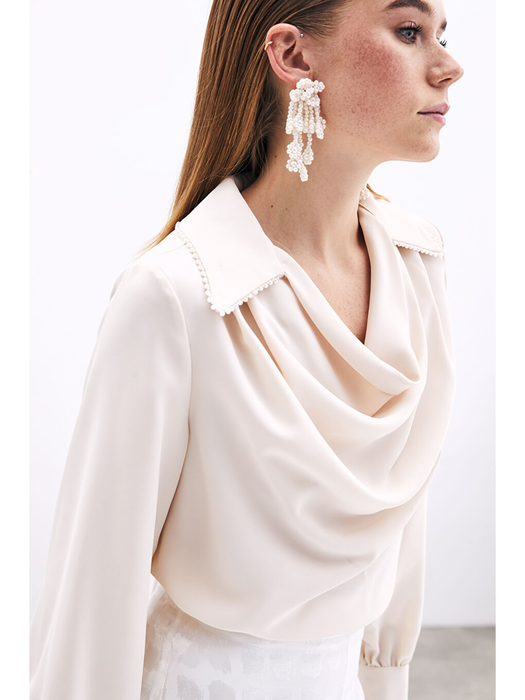 Degaje Yaka İncili Salaş Bluz - Bej-2