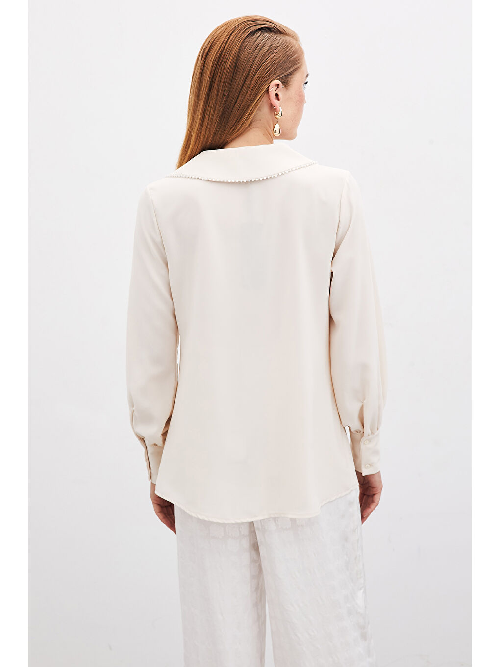 Degaje Yaka İncili Salaş Bluz - Bej-5