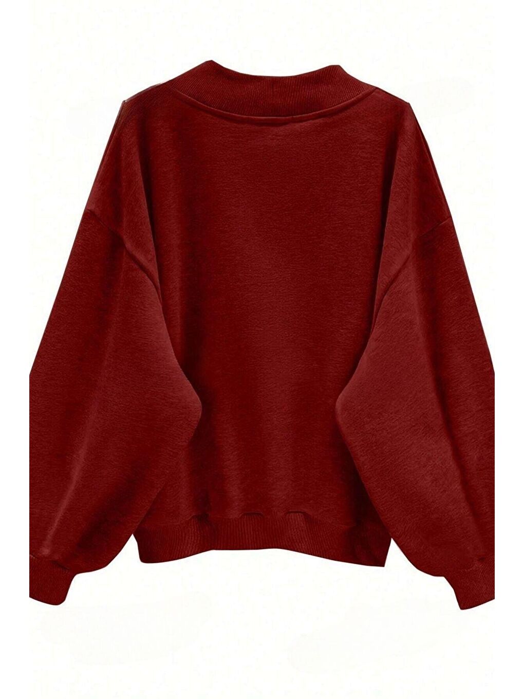 Kadın Kırmızı Düz V Yaka Oversize Sweatshirt-1