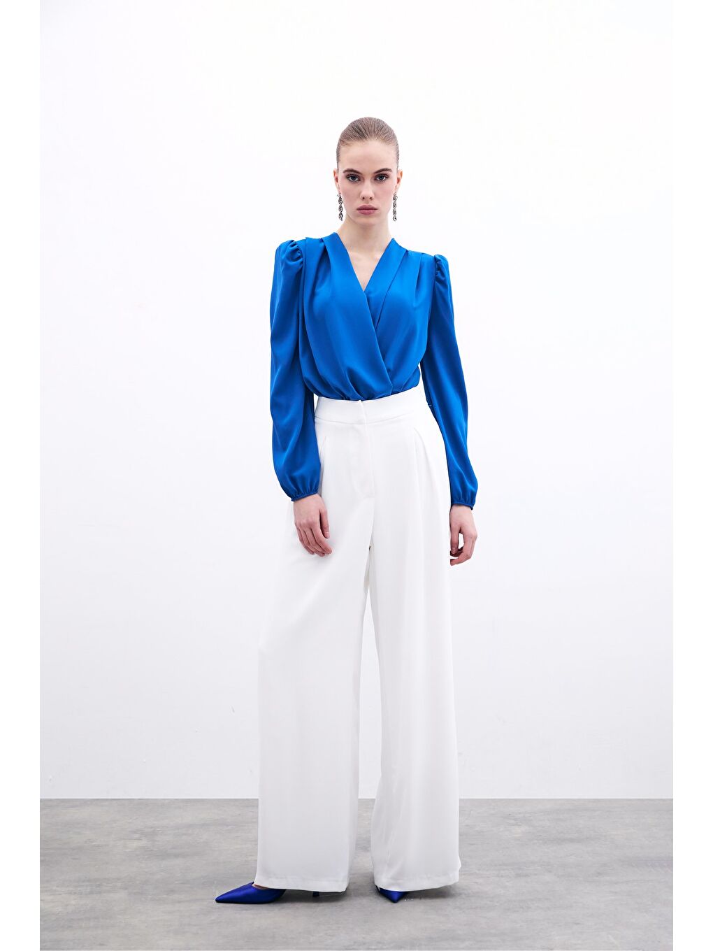 Kruvaze Vatkalı Bodysuit - Sax Mavi-1