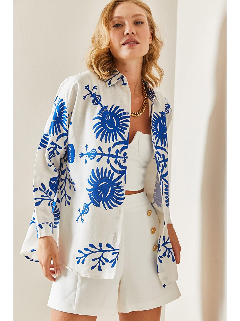 Saks Mavi Polo Yaka Desenli Gömlek 3YXK2-47499-15