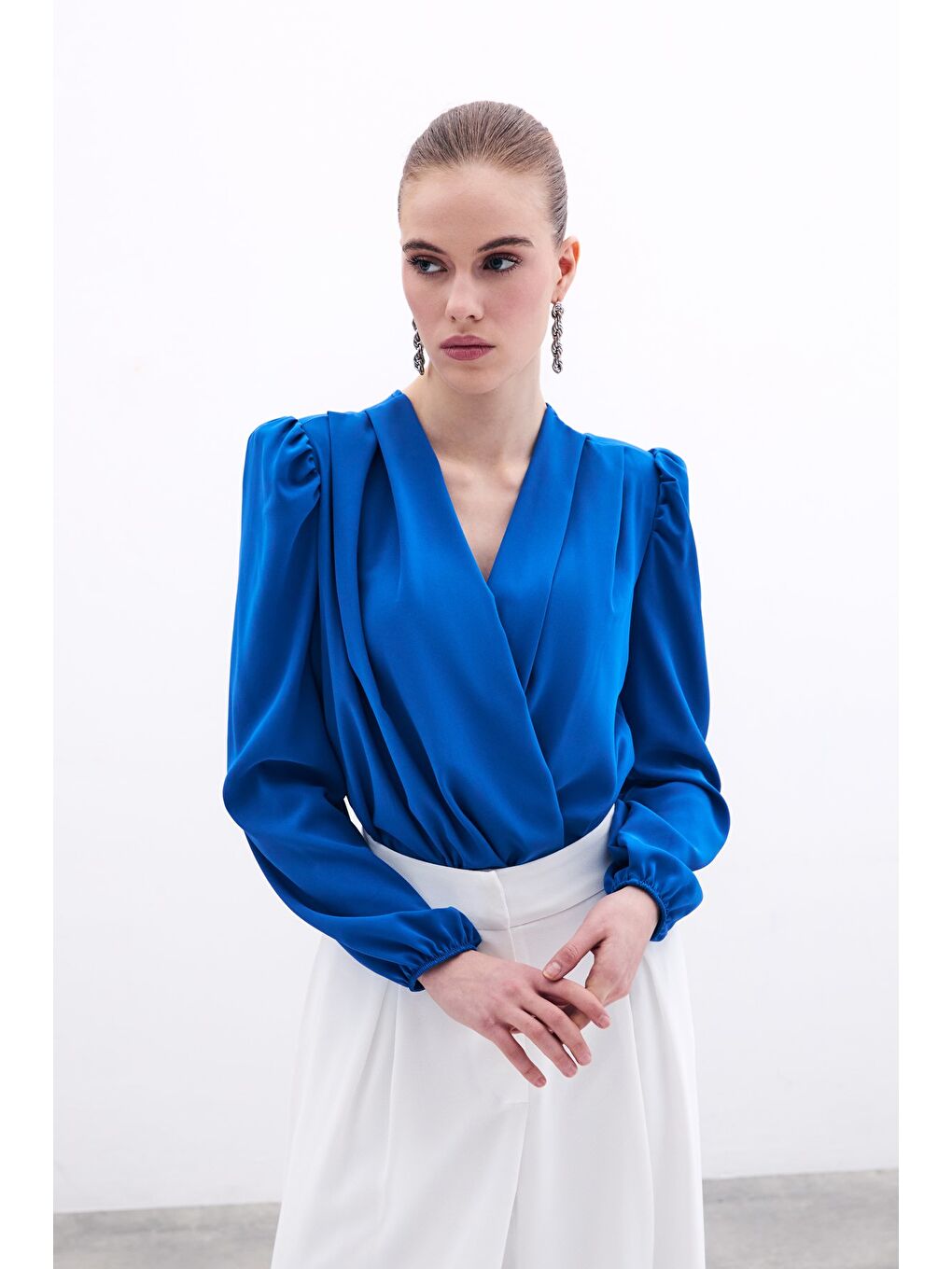 Kruvaze Vatkalı Bodysuit - Sax Mavi-2