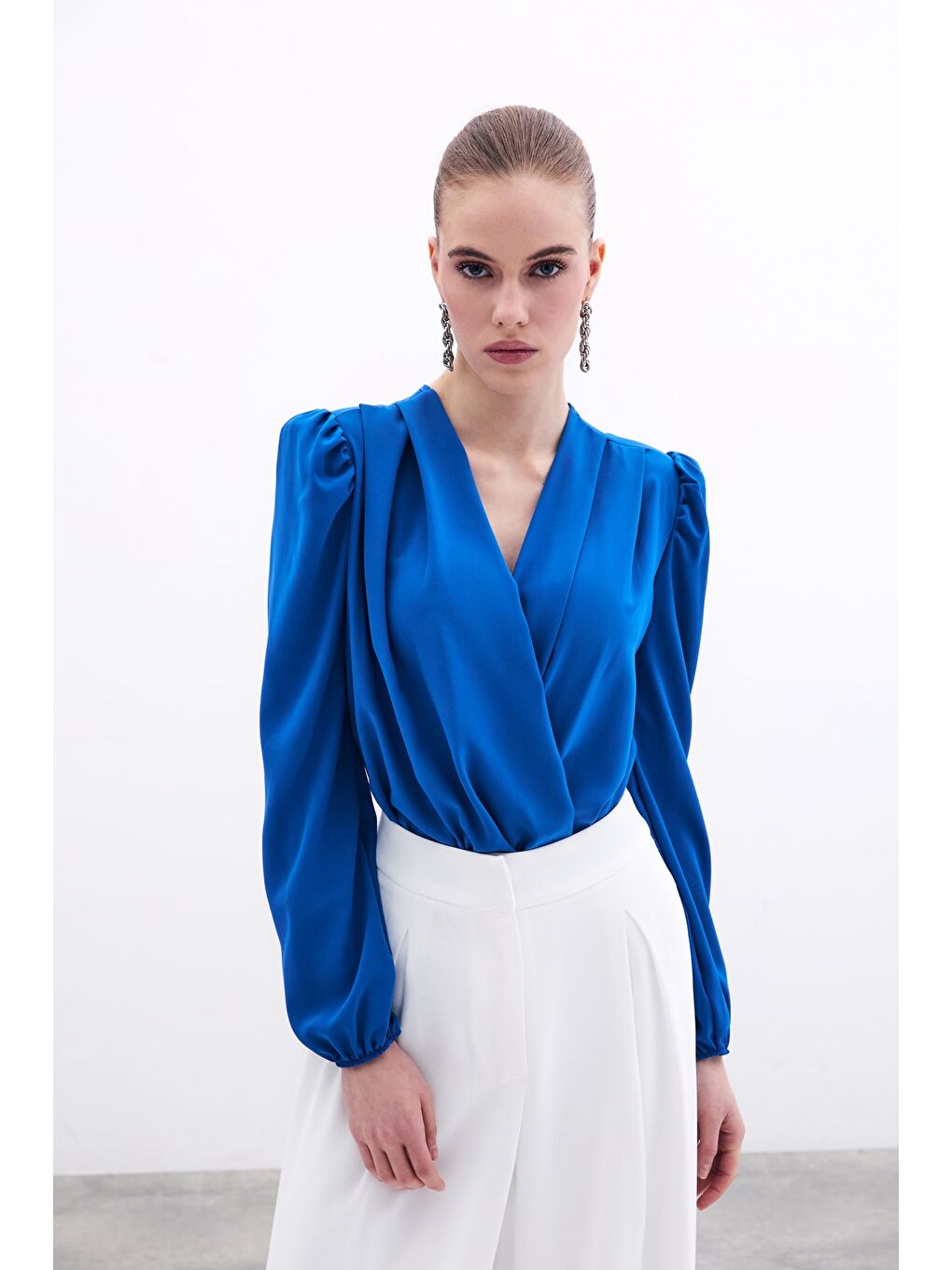 Kruvaze Vatkalı Bodysuit - Sax Mavi-3