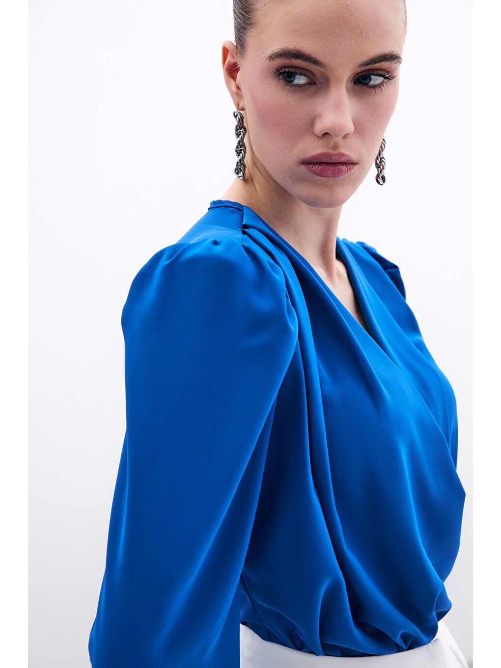 Kruvaze Vatkalı Bodysuit - Sax Mavi-4