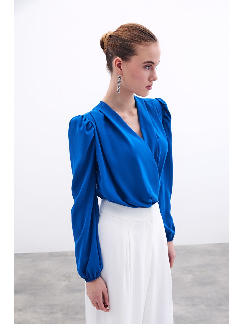 Kruvaze Vatkalı Bodysuit - Sax Mavi-5